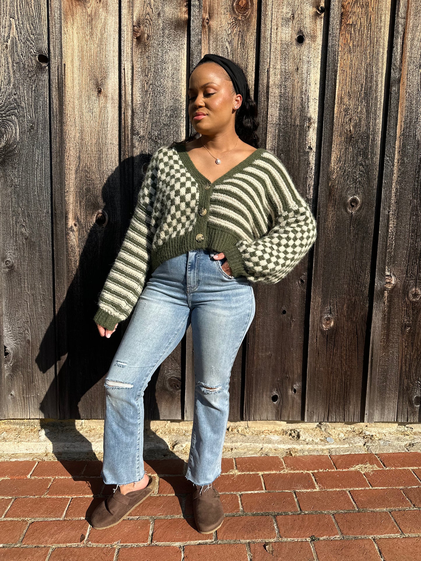 Sophie Striped Checkered Cardigan | Olive