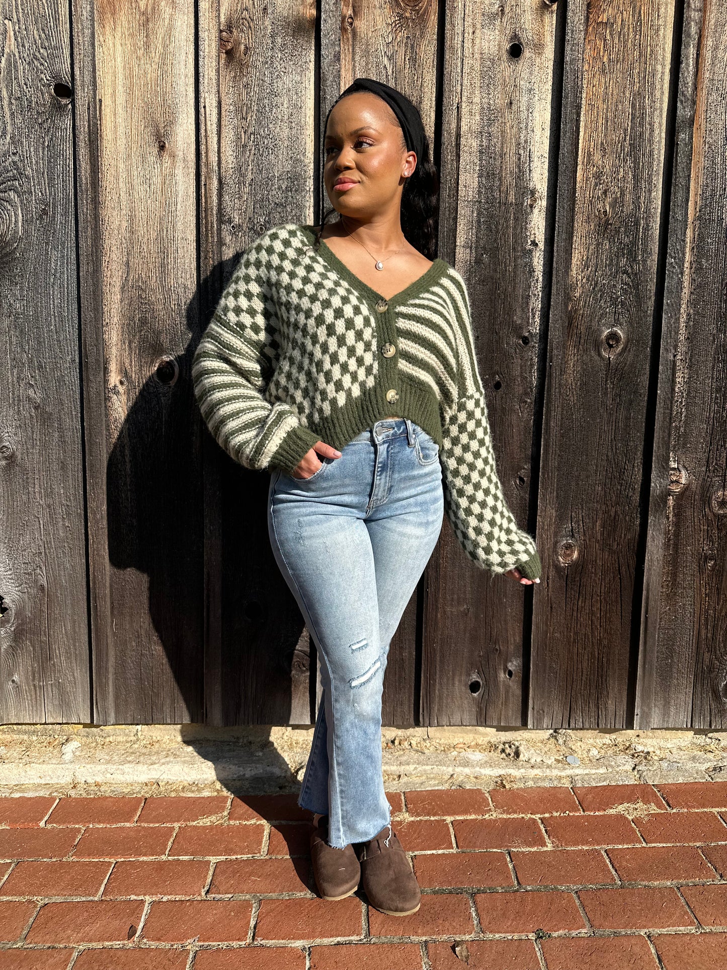 Sophie Striped Checkered Cardigan | Olive