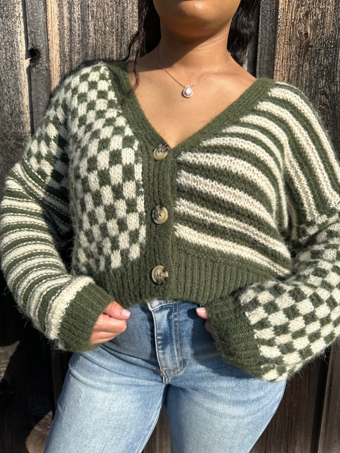 Sophie Striped Checkered Cardigan | Olive