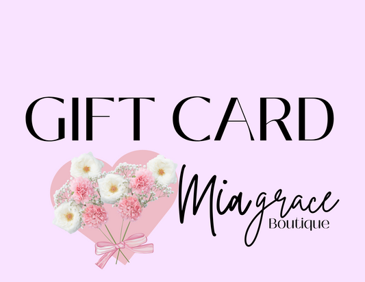 An electronic gift card from Mia Grace Boutique featuring a floral design with pink and white flowers and a ribbon.