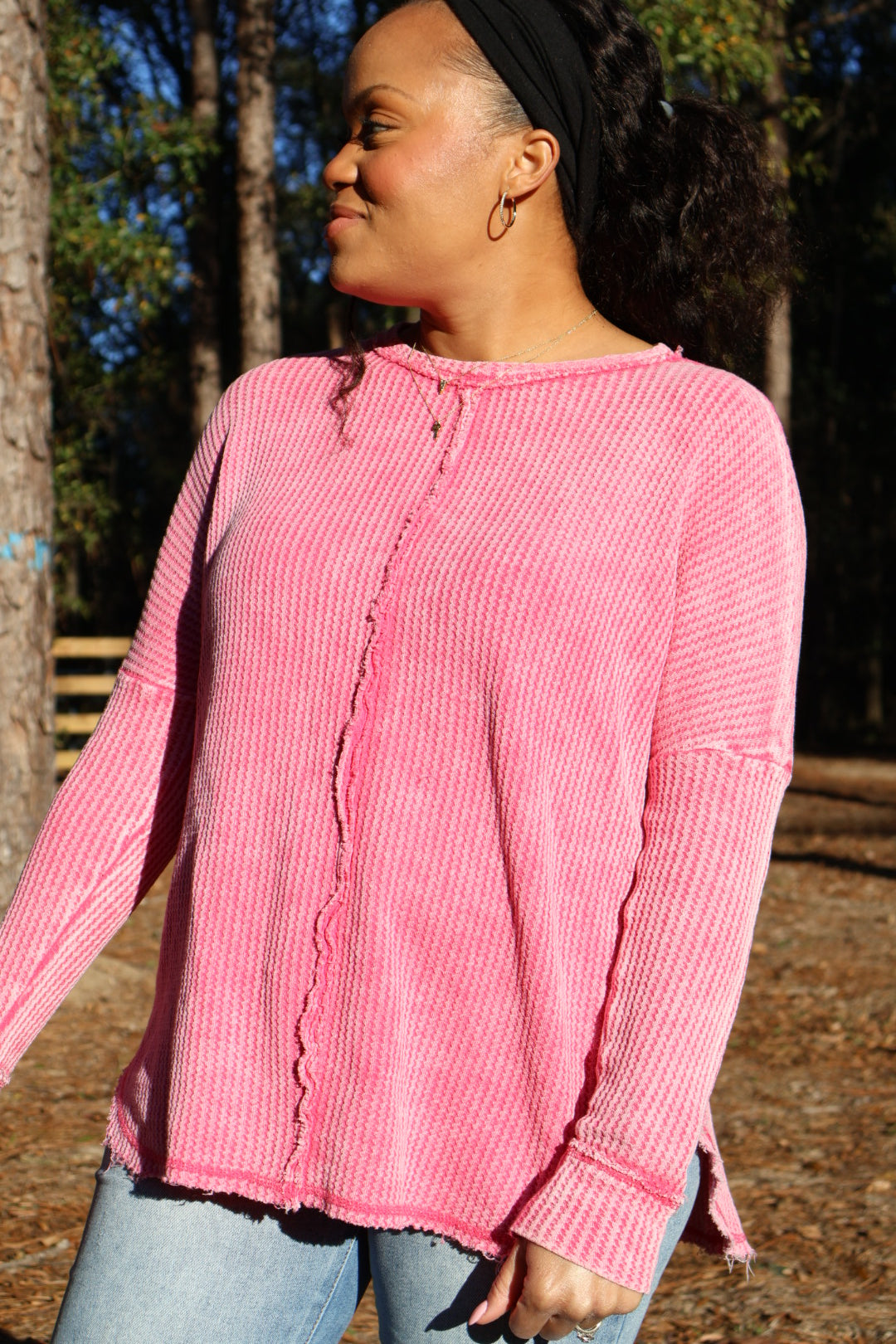 Olivia Mineral Washed Waffle Knit Long Sleeve Top | Fuchsia