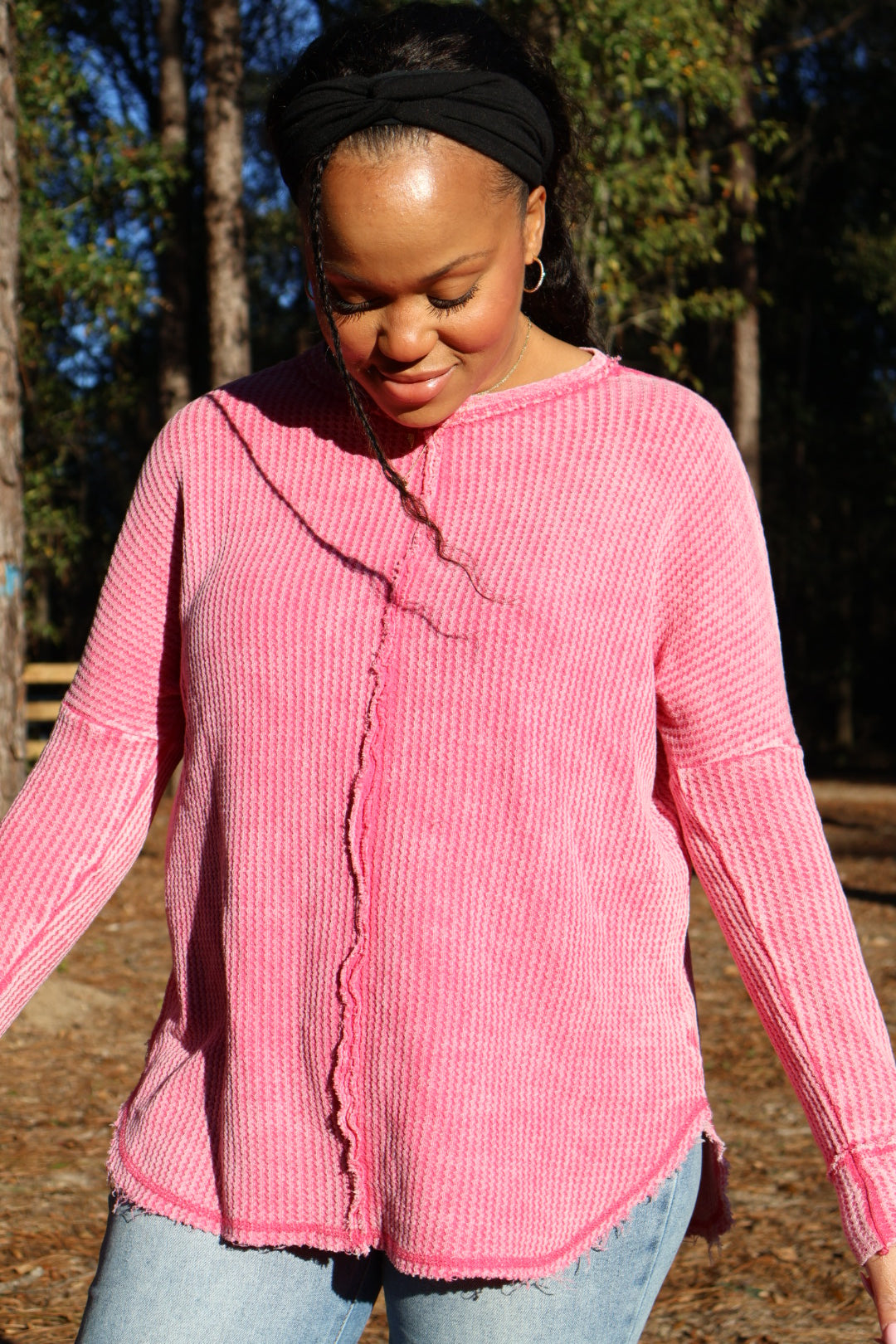 Olivia Mineral Washed Waffle Knit Long Sleeve Top | Fuchsia