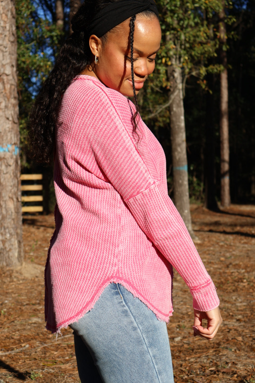 Olivia Mineral Washed Waffle Knit Long Sleeve Top | Fuchsia