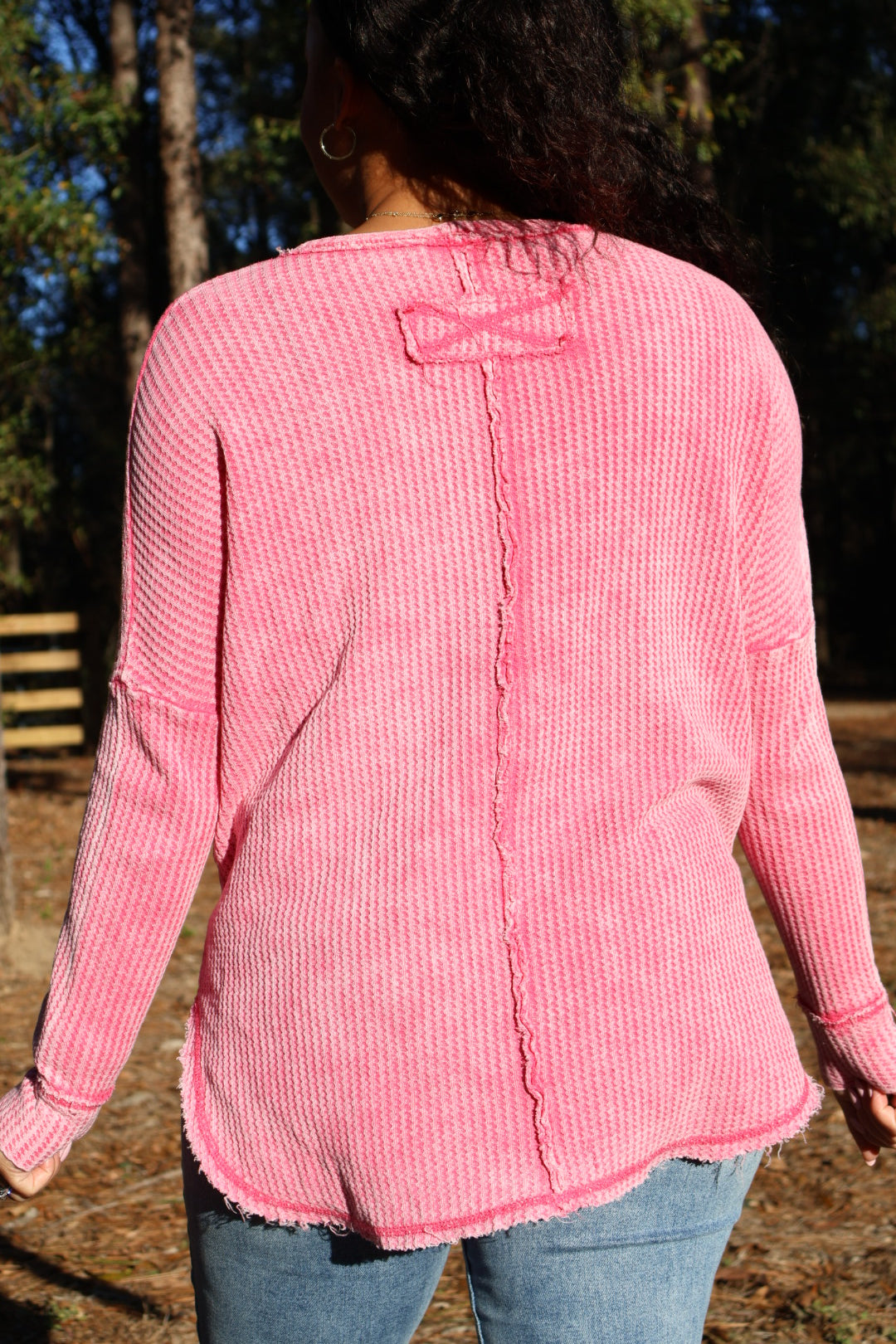 Olivia Mineral Washed Waffle Knit Long Sleeve Top | Fuchsia