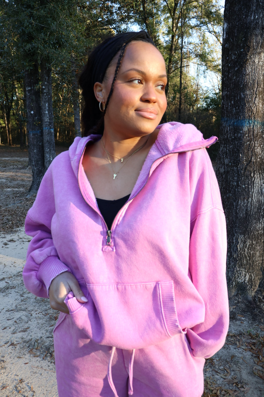 Millie Acid Washed Half Zip Hoodie | Bright Mauve
