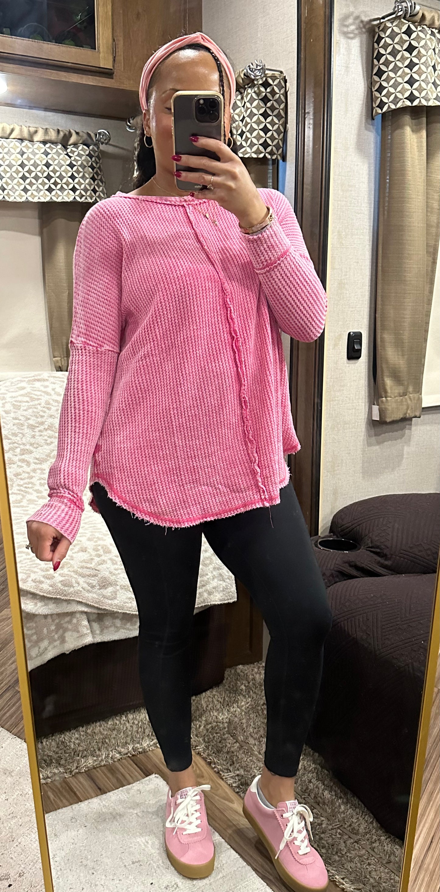 Olivia Mineral Washed Waffle Knit Long Sleeve Top | Fuchsia