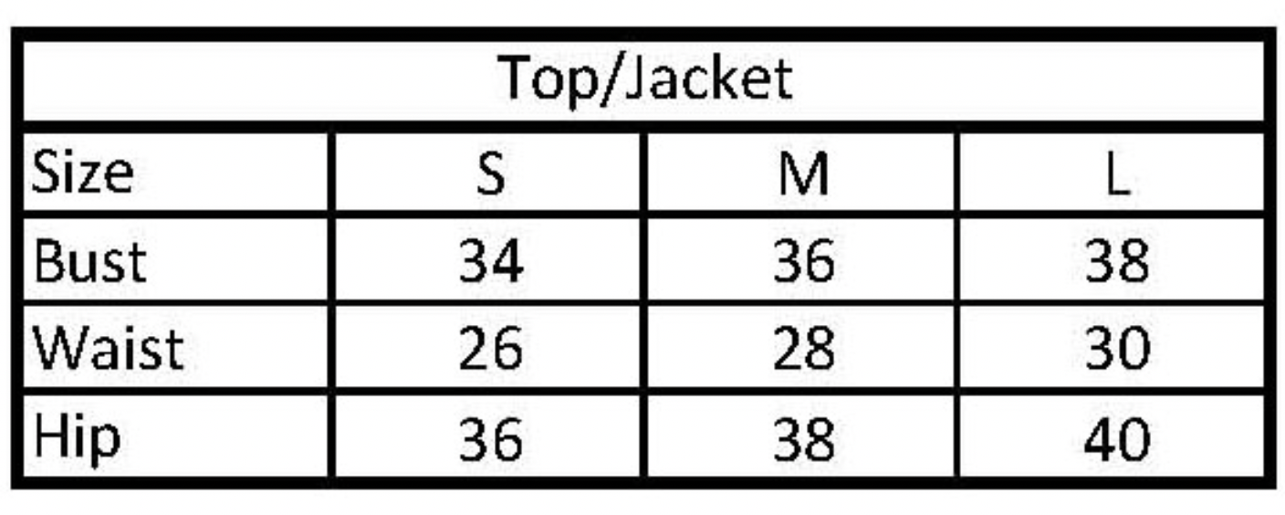 size guide for top: size small's bust is 34 & waist is 26 & hip is 36 inches. size medium's bust is 36 & waist is 28 & hips is 38 inches. size large's bust is 38 & waist is 30 & hips 40 inches. 